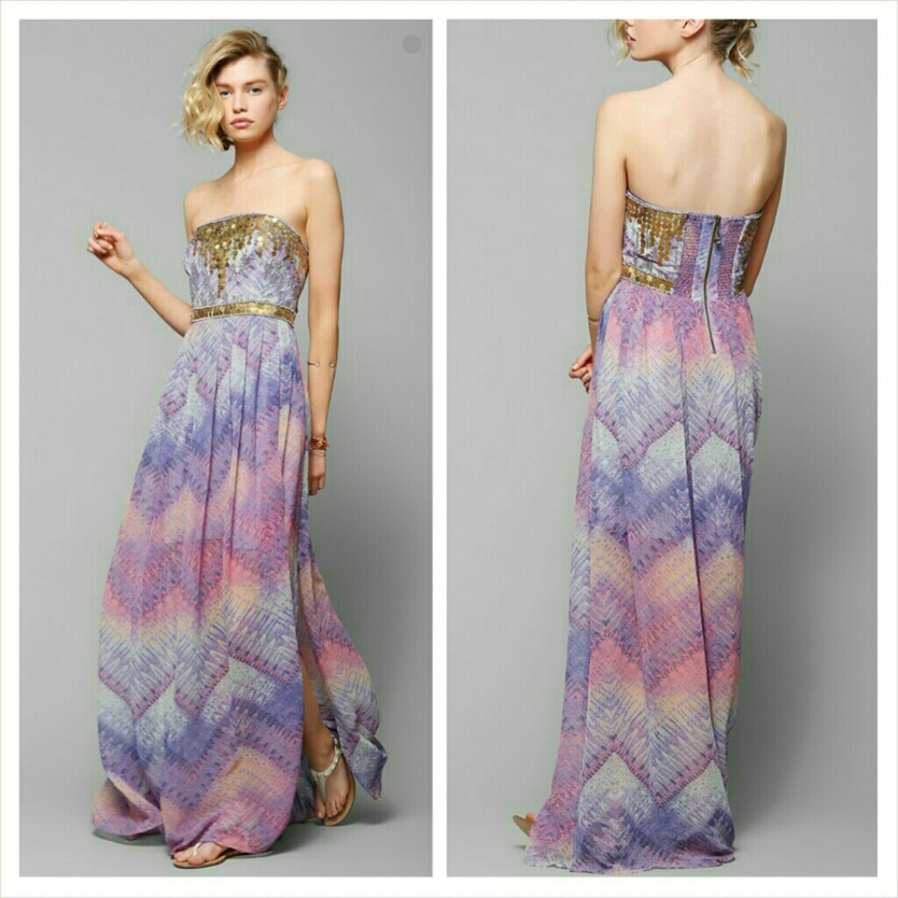 Urban Outfitters Multicolor Strapless Maxi Dress w/ Gold detailing - Ecote